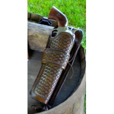 Handmade Gunfighter Holster with Basket Weave Design. Antique Brown RH
